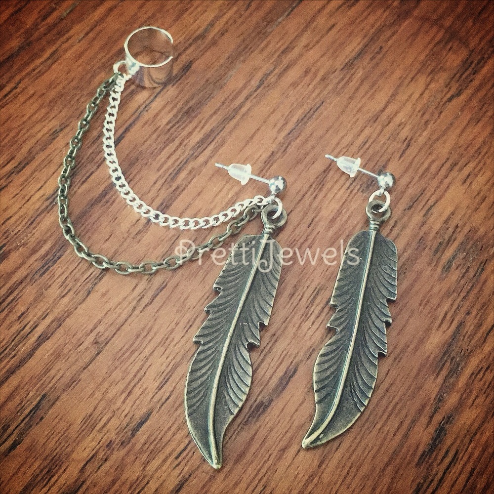 Big Feather Ear Cuff Earrings